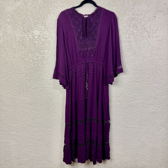 Reba Dresses & Skirts - Womens Boho Maxi Dress Size L Burgundy Romantic Lace Flutter Sleeve Empire Waist